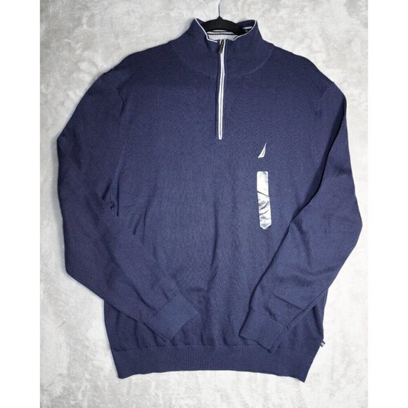 Nautica Classic Navy Quarter-Zip Pullover Sweatshirt with Signature Logo L - Picture 3 of 14